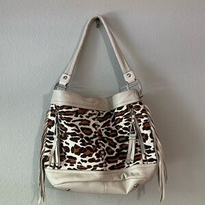 B Makowsky ANDREA Haircalf & Glove Leather Bucket Hobo w/ Fringe ~Stone